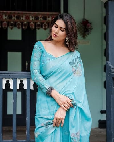 Kaugalian store Linen Cotton Floral Printed Light Blue Saree For Women With Unstitched Blouse Piece 5