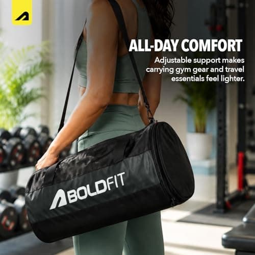 Boldfit Gym Bags for Men with Separate Shoe Compartment Unisex Duffle Bag for Carry & Travel Adjustable for Shoes Towel Duffel Sports Bag for Women & Men 20L - Black Grey 5