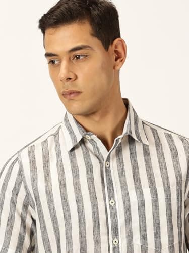Thomas Scott Mens Half Sleeves Cotton Linen Striped Casual Shirt (TS1375_Black, 2XL) 6