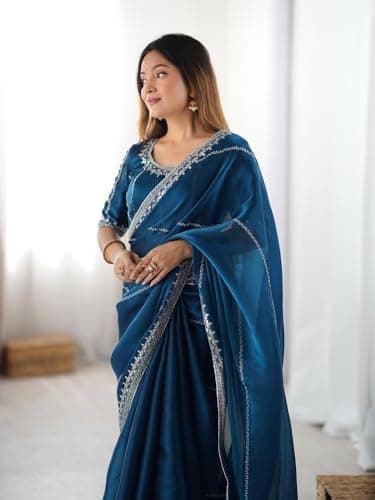 CURVVIES CRECKK Blue Silk Blend Zari Sequence Embroidered Saree with Unstitched Blouse|style 765 4