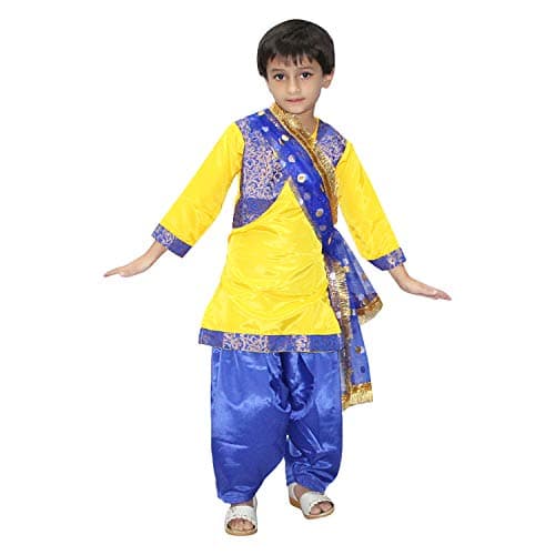 Kaku Fancy Dresses Indian State Punjabi Folk Dance Costume For Kids/Salwar Suit With Dupatta For Girl Costume - Yellow & Blue, 5-6 Years