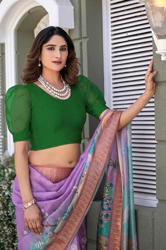 Amazon Brand - Anarva Round Neck Lycra Stretchable Puffed Elbow Sleeve Readymade Saree Blouse for Women Stylish(formi-bottle-green-blouse-2xl) 4