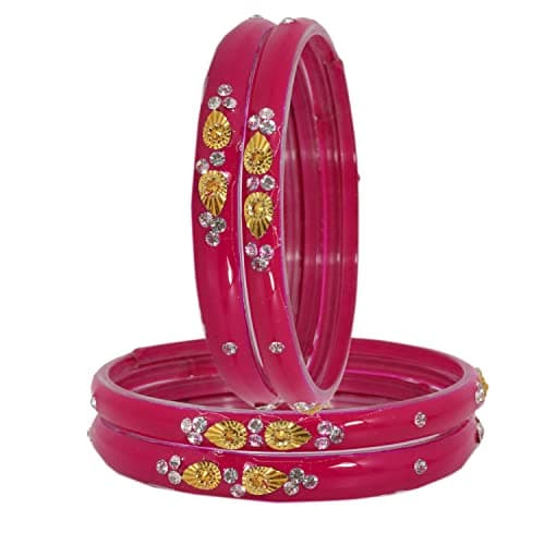 NMII Glass with Zircon Gemstone and Beads Studded Glossy Finished Kada For Women and Girls, Pack of 4, (Magenta_2.6 Inches) 4