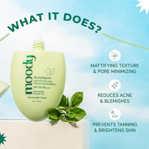 Moody AcneXpert Sunscreen Ultra Matte Gel SPF 50 PA++++ with Niacinamide & Green Tea | Sunscreen for Oily & Acne Prone Skin | Water & Sweat Resistant | No White Cast, Non-Greasy & Non-Comedogenic | 50 2