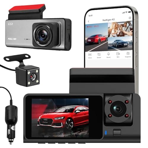 FABTEC A7 3 Channel HD WiFi Car Dash Cam 1296p Front + 1080p Rear + 1080p Inside Cabin Loop Recording Dash Camera Support Upto 32GB Memory Card & WiFi Mobile Link (Grey)