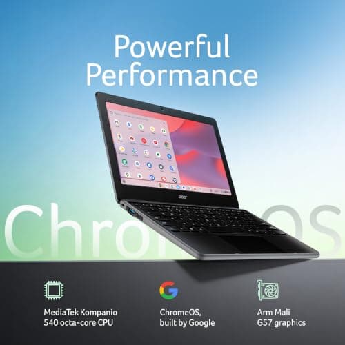 Acer Chromebook, MediaTek Kompanio 540 Octa-Core Processor, 4GB RAM, 64GB eMMC, Full HD, 11.6" inch Display, Chrome OS, Black, 1.2 KG, C725, Arm Mali G57 Graphics, WiFi 6E Laptop 3