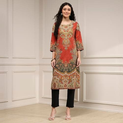 Biba Women Rust Cotton Straight Printed Kurta_34 6