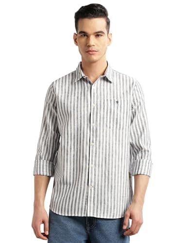 Thomas Scott Men’s Slim Fit Casual Shirt | Cotton Linen Fabric | Vertical Stripes | Long Sleeves | Spread Collar (TS1385_Navy_M)