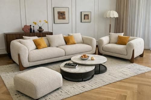 PREMIUM CART Upholstered 3 Seater Sofa Three Seater Sofa with Wooden Legs for Living Room Hotels & Offices (3+1+Puffy Boucle Beige) 3