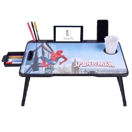 ROARIFY Foldable Wooden Mini Laptop Table for Bed & Study | Portable Laptop Desk with Drawer & Mobile Holder | Multipurpose Study Table for Kids & Adults (Spiderman)