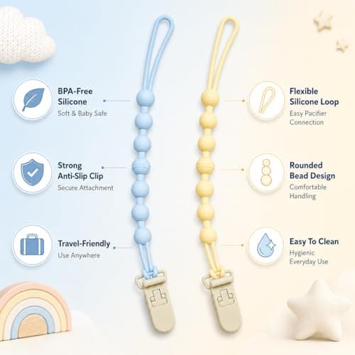 Artibetter Silicone Pacifier Clip Chain Set (2 Pcs) | BPA-Free Safe Baby Soother Holder with Strong Clip | Anti-Drop Pacifier Strap for Infants & Toddlers | Travel-Friendly Baby Accessory 2