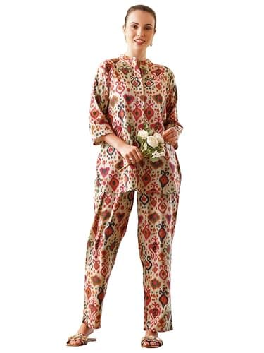 TITTLI Cotton Relaxed Fit Shirt & Trouser Co-Ord Set for Women |Front Openable Button and 3/4 Sleeve Shirt |Two Pockets and Elasticated Waist Trouser | Casual Wear and Everyday Wear Pink
