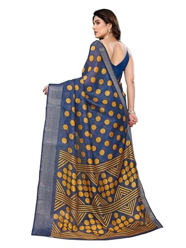 Women's Cotton Blend Printed Jaquard Border Saree with Unstitched Blouse Piece BZ_4307_Kaveri Goli Firozi-Yellow 5