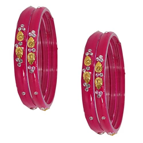 NMII Glass with Zircon Gemstone and Beads Studded Glossy Finished Kada For Women and Girls, Pack of 4, (Magenta_2.6 Inches) 5