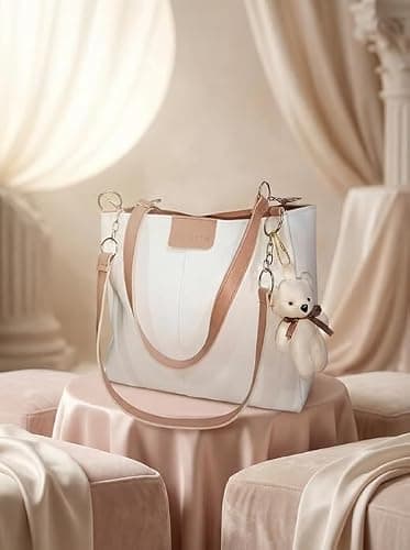 FAIZON Luxury Women’s Shoulder Handbag | Elegant PU Leather Tote with Chain Strap | Stylish Daily Use Purse for Office, College & Casual Outings (White/Peach) 4