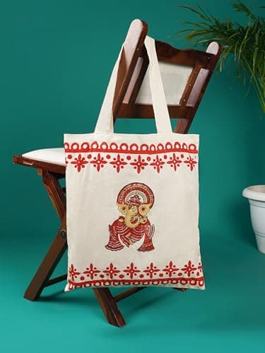 Indha Hand Block-Printed Cotton Tote Bag – Lord Ganesha Motif | Eco-Friendly Reusable Gift & Puja Bag | Handmade by Women Artisans in India | Sustainable Canvas Tote 2