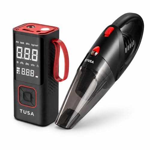 TUSA Car Care Combo – Storm X 150 PSI Cordless Tyre Inflator (6000mAh, 12V DC) + High Power Portable Car Vacuum Cleaner | Rechargeable Emergency & Cleaning Kit