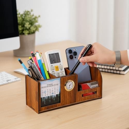 Deskart Stylish Pen Holder Stand with Clock, Two Years Calendar, Business Visiting Card & Mobile Holder | Multipurpose Desk Organizer for Office Desk and Gifting 5