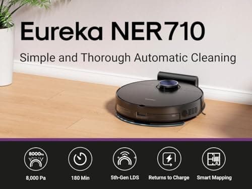 Eureka NER710 2-in-1 Robot Vacuum & Mop with 8000Pa suction, 5th-Gen LDS laser navigation, multi-floor mapping, 180-min runtime, 3-in-1 cleaning for pet hair, carpets & hard floors, App/Alexa support. 2