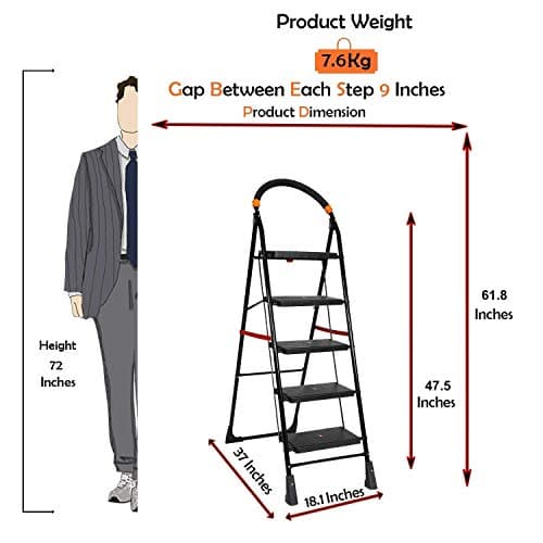 Parasnath 5 Step Black Diamond Steel Ladder - Foldable Step Ladder -Wide Anti Skid Plastic Steps - 6 Year Manufacturer Warranty - Made in India 3