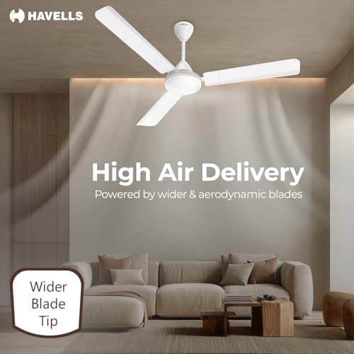 Havells Mozel XP 1200mm Ceiling Fan, Best in Class Base Fan with High Air Delivery, Energy Saving & 100% Pure Copper Motor | 2 Year Warranty | White 4
