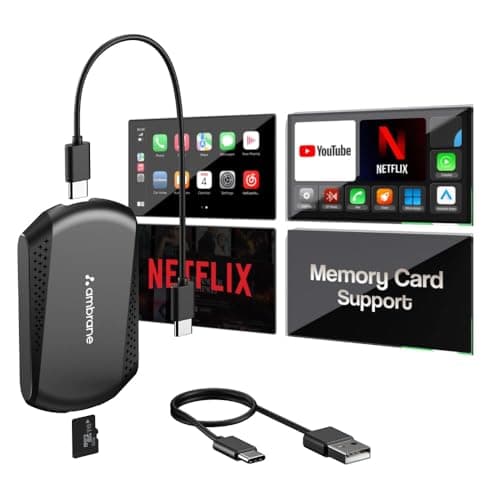 Ambrane 3-in-1 CarPlay & Android Auto Adapter with Inbuilt YouTube, Netflix, Converts Wired to Wireless, 4GB RAM + 32GB ROM, Plug &Play, USB-A & Type-C Compatible, TF Card Slot Media Carlink Stream