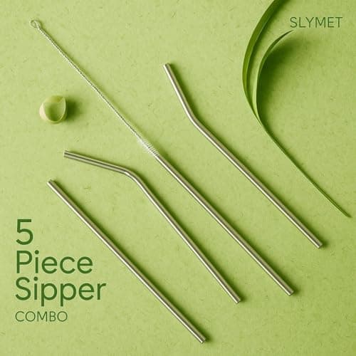 Slymet - Stainless Steel Reusable Straw Set | 2 Straight & 2 Bent Straws with Cleaning Brush & Storage Pouch | BPA-Free, Rust-Resistant, Eco-Friendly Metal Straws for Juice, Smoothies, Coffee. 2