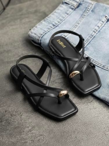 Indifeet Women Toe Ring Flat Sandals, Ankle Strap Slingbacks, Black, UK 6 2