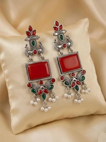RICH MORE Oxidized Designer Stud Earrings Set, Traditional & Modern Earring Set for Women & Girls, Trendy, Fancy & Fashion Earrings for Daily and Occasion Wear, Lightweight (RED MORLO)