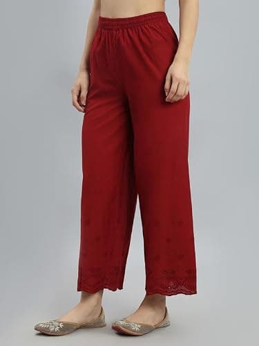 GO COLORS Women Cotton Hakoba Palazzo Ankle Length, Floral Embroidery, Relaxed Fit, Mid-Rise, with Side Pocket Light Maroon 2