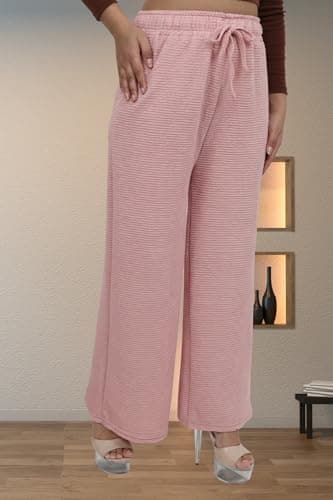 Women’s Palazzo Pants – Ribbed Crinkle Knit Wide Leg Trousers with Elastic Waist, Side Pockets, Soft Stretch Fabric, Casual Office Lounge Everyday Wear 4