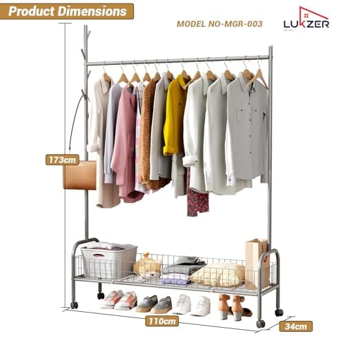 Lukzer | MGR-003 | Grey | Metal Clothes Hanging Stand with Wheels, Bottom Shelf & Single Rod – Stylish Garment Rack & Cloth Organizer for Entryway, Dressing Room & More | 173 x 110 x 35 cm 2