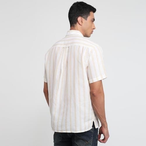 Colorplus Men Comfort Fit Stripe Pattern Linen Cotton Blend Plain Collar Half Sleeve Casual Shirt Yellow 4