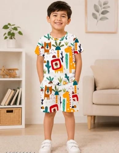Tirupati Kids Clothes for Boys | Allover Animal Printed Cotton Half Sleeves Round Neck T-shirt Shorts Combo Clothing Set | Casual Baby Boy Dress (Animal Safari, 5-6 year) 2
