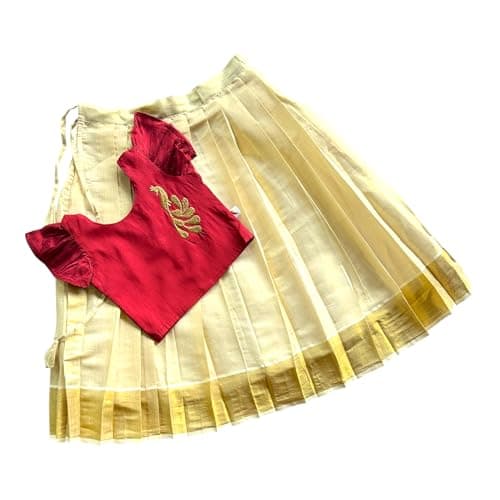 Picksparrow Baby Girls Traditional Kasavu PattuPavadai/Lehenga Set (Peacock-Tissue) (Red, 1-2 Years)
