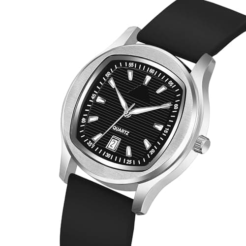 styledose Men’s Analog Quartz Watch with Date Display, Stainless Steel Square Case, Black Textured Dial, Silicone Strap, 40mm Casual & Formal Wrist Watch for Men (Black) 3