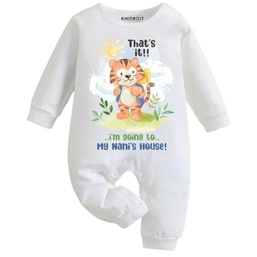KNITROOT Nani Theme, I Am Going Nani's House Text Printed, Full Sleeves, Shoulder-Snap-Buttons, Cotton Jumpsuit, Rompers for New Born Baby, 0-3 Months, White, Infant Clothes