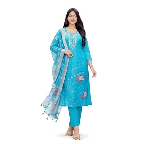 Delhi Fashion Sarees | Elegant Blue Embroidered Kurta Set for Women | Straight Kurti with Floral Dupatta | Ethnic Wear for Festive, Casual & Party (IN, Alpha, XL, Regular)