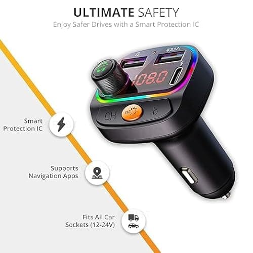 WeFly Car Bluetooth Device [Upgraded BT v5.3] with Call Receiver, FM Transmitter for Music System & Dual USB + Type C Charger; 7 Colour LED Lights; 6 EQ Presets; USB MP3 Support; Voice Assistant 5