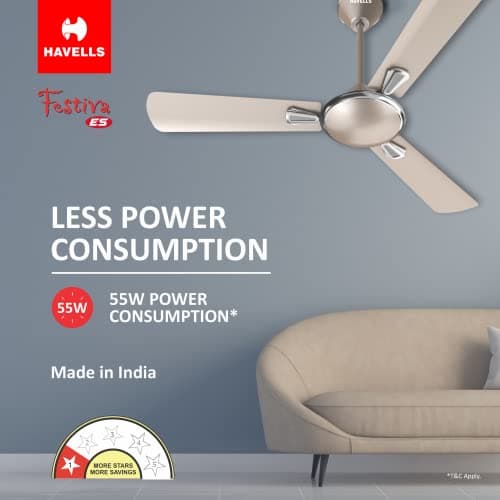 Havells 1200mm Festiva ES Ceiling Fan| Premium Finish| Energy Saving| Designer Fan for Home Decor| Elegant Looks| 230 m³/min Air Delivery| Hi-Speed Low Noise| 100% Copper Motor (Pack of 1, Gold Mist) 2