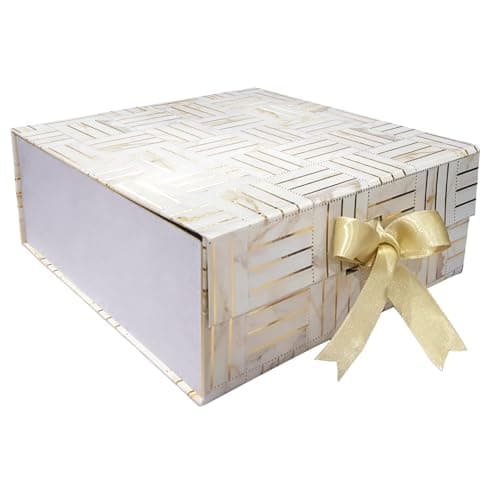 Aakriti Marble Gold Foil Gift Box Medium | 26 x 26 x 10 cm Hamper Box for Gifts, Chocolates & Jewellery Empty Gift Box with Satin Ribbon | Holds Up to 8 kg | Floral White Gold (1 Pack) (1 Pack) 4