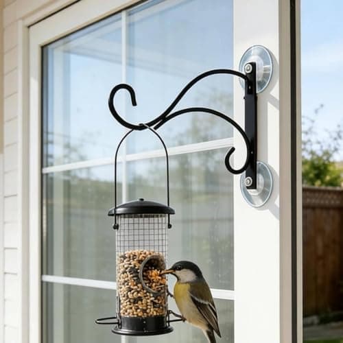 Ojiva® Drill-Tool-Less Installation Wrought Iron Bird Feeder Hanger Simple Lines Design Double Suction Cup Wall Bracket Multi-Purpose Window Suction Cup Hook for Gardeners, Balcony, Garden, Patio, 4