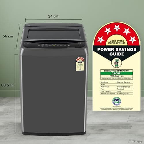 LG 7.5 Kg 5 Star Smart Inverter Technology Fully Automatic Top Load Washing Machine (T75VBMB1Z, Auto Prewash, Turbodrum, Stainless Steel drum, LED Display, Smart Diagnosis, Middle Black) 5
