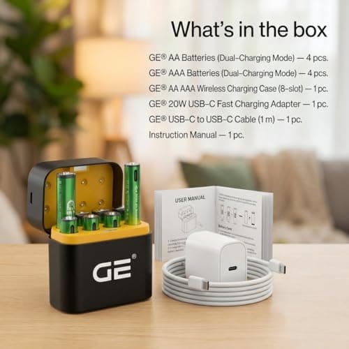GE® AA AAA Rechargeable Batteries (Lithium 1.5V - 2500 mWh & 600 mWh) - New Launch in 2026 | Fast Charge Mode (Direct USB‑C + Wireless) | Pack of 8 Batteries | 10 Years of Life and 1,500+ recharges 2