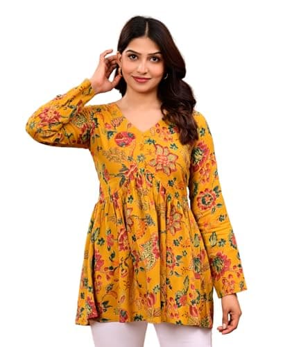 LABEL ADRIJA V Neck Anarkali Cotton Short Kurti for Women Full Sleeve Floral Print | Short Kurtis for Women on Jeans Yellow