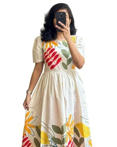 Women Cotton Printed Ethnic Dress Floral Pattern Flared Long Kurti Gown Square Neck Short Sleeve Traditional Indian Maxi Dress Festival Party Stylish Kurta Dress Elegant Ethnic Outfit Women Size 2XL