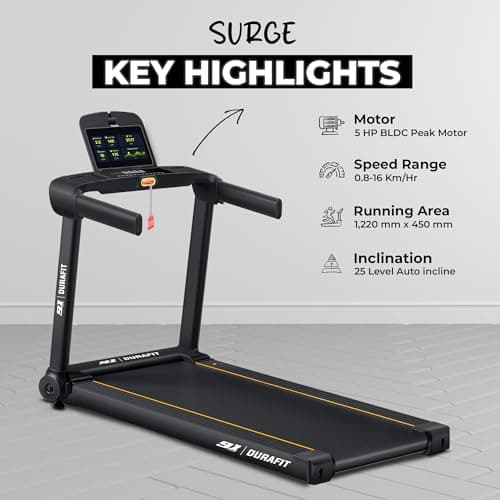 Durafit91™ Surge 5 HP Peak BLDC Motorized Treadmill | 25 Level Auto Incline | Max User Weight 140 Kg| Home Cardio | Max Speed 16 Km/Hr | Bluetooth Speaker | Wynd app | Home use 3