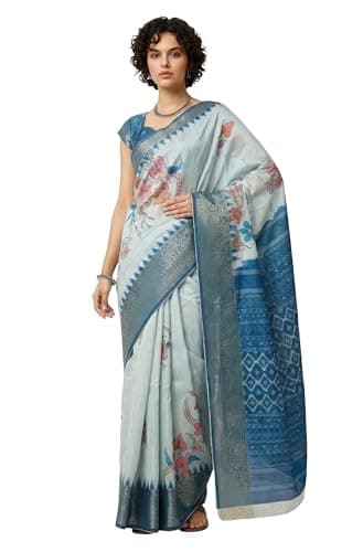 Janasya Women's Blue Silk Blend Ready To Wear Floral Printed Saree With Unstitched Blouse
