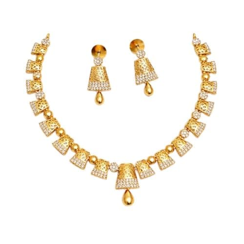 Dvina Glow Gold Plated Geometric CZ Necklace Set for Women | Lightweight Filigree Designer Jewellery with Earrings | Elegant Cubic Zirconia Necklace for Wedding & Festive Occasions