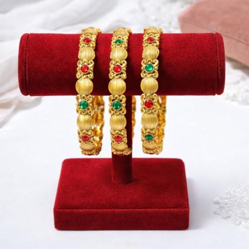 ACCESSHER Gold Plated Pink & Green Artificial Stone-Studded Bangles for women and girls (Set of 4) (2.6) 5